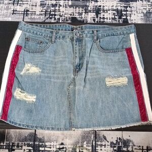 Fashion Nova Light Blue Denim Mini Skirt with Red and White Side Stripes